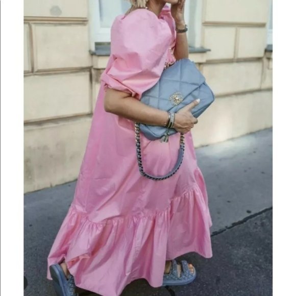 H&M Pink Puff Sleeve Voluminous Midi Dress XS Blogger Favorite NEW - Picture 4 of 14